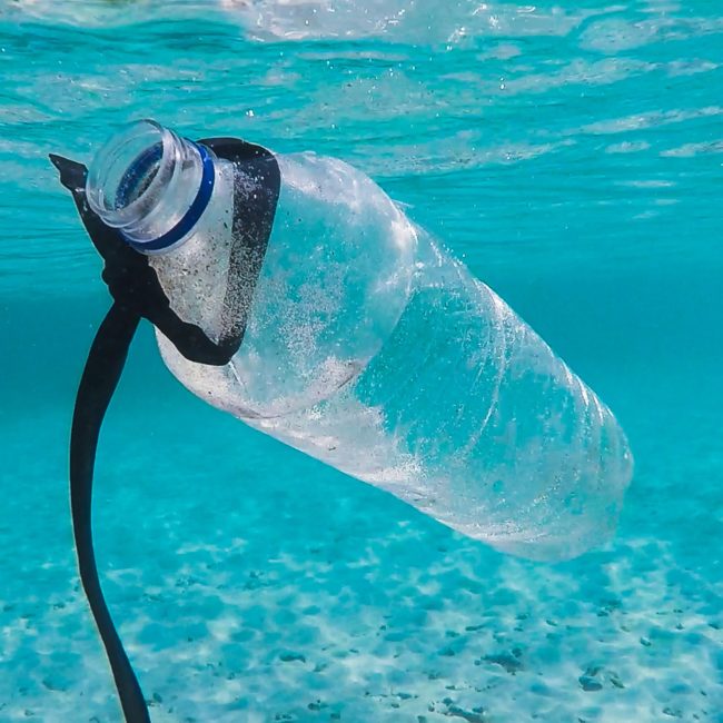 The image shows a plastic bottle floating within the ocean.