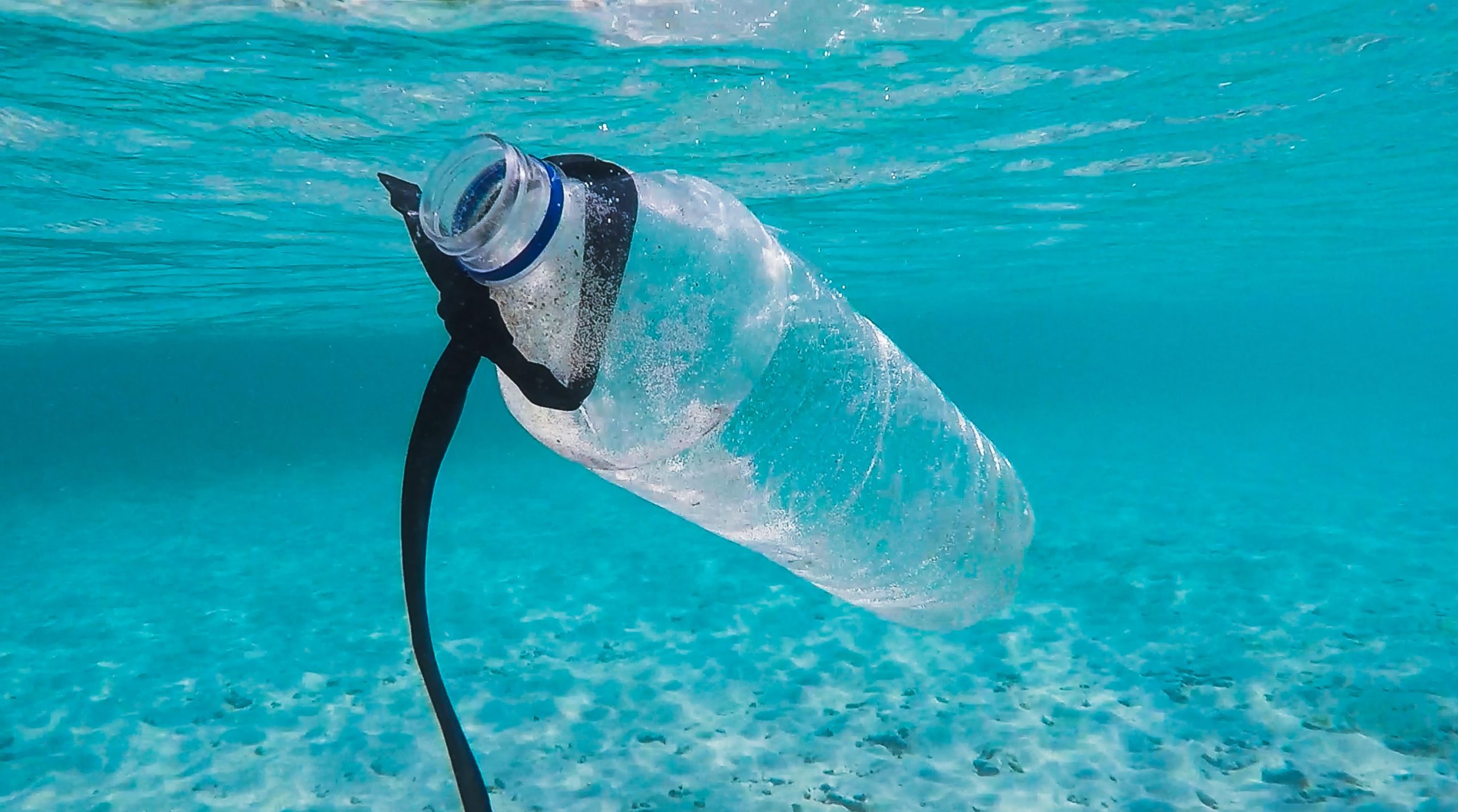 The image shows a plastic bottle floating within the ocean.